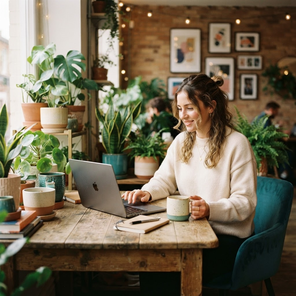 A coworking corner with plants and warm light